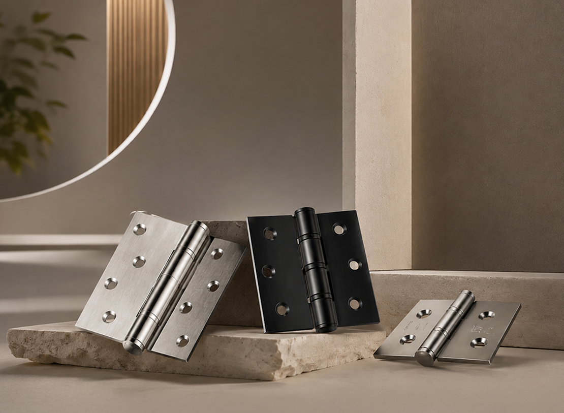 Close-up of a hinge knuckle on a finished door
