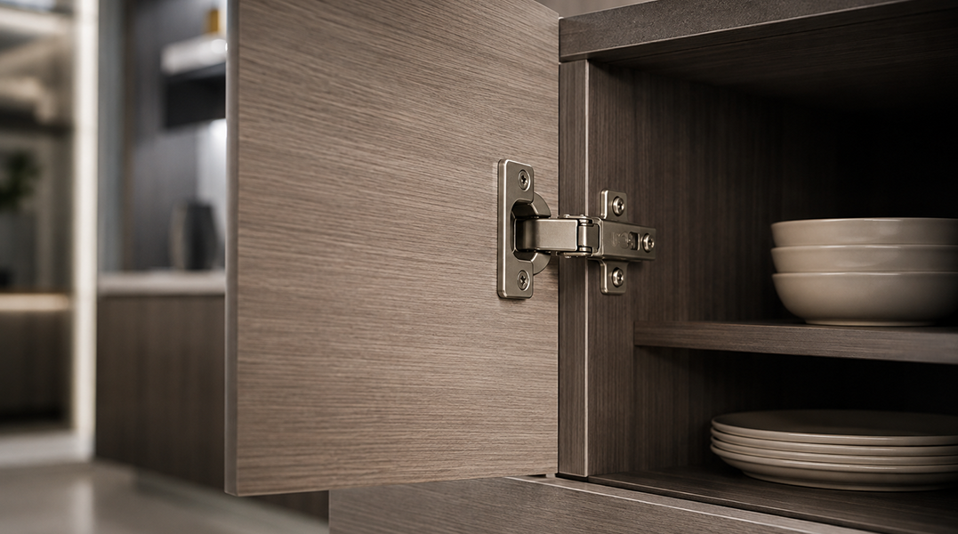 Furniture hinge on a cabinet door
